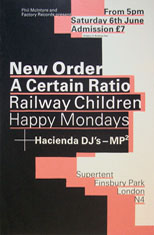  original 1987 6th June Finsbury Park Factory Records Supertent gig poster.