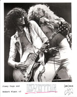 thumbnail link to original 1977 Swan Song promo photograph Led Zeppelin, Page and Plant on stage